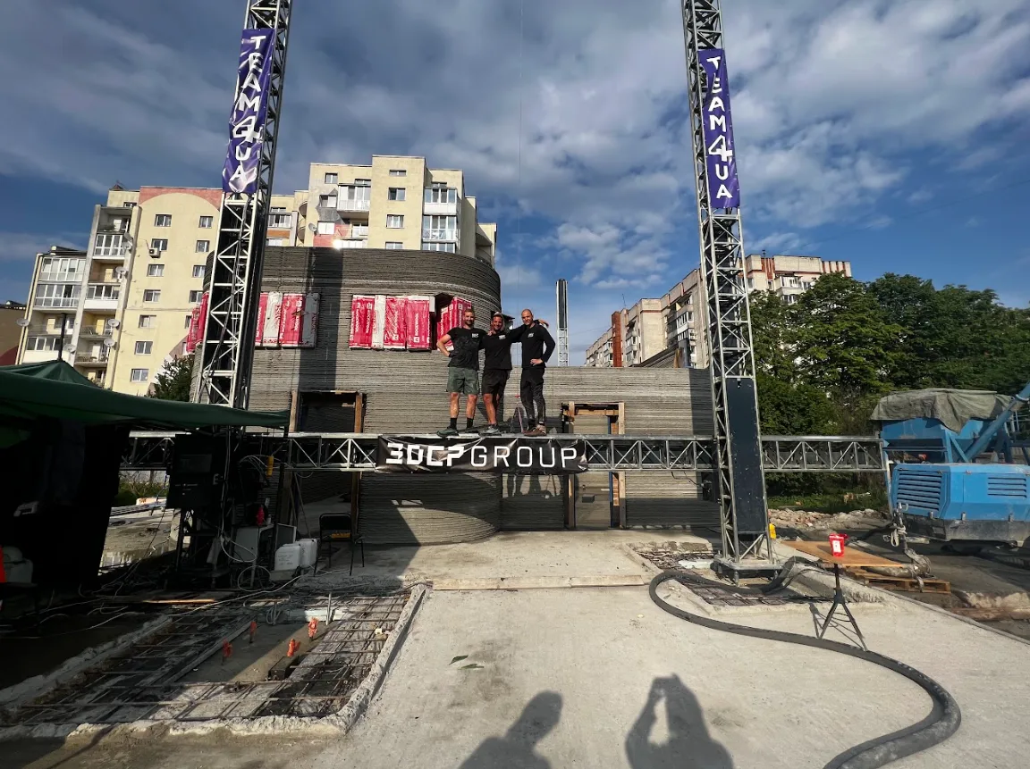 3DCP Group team standing on the 3D concrete printer at the Ukraine school project
