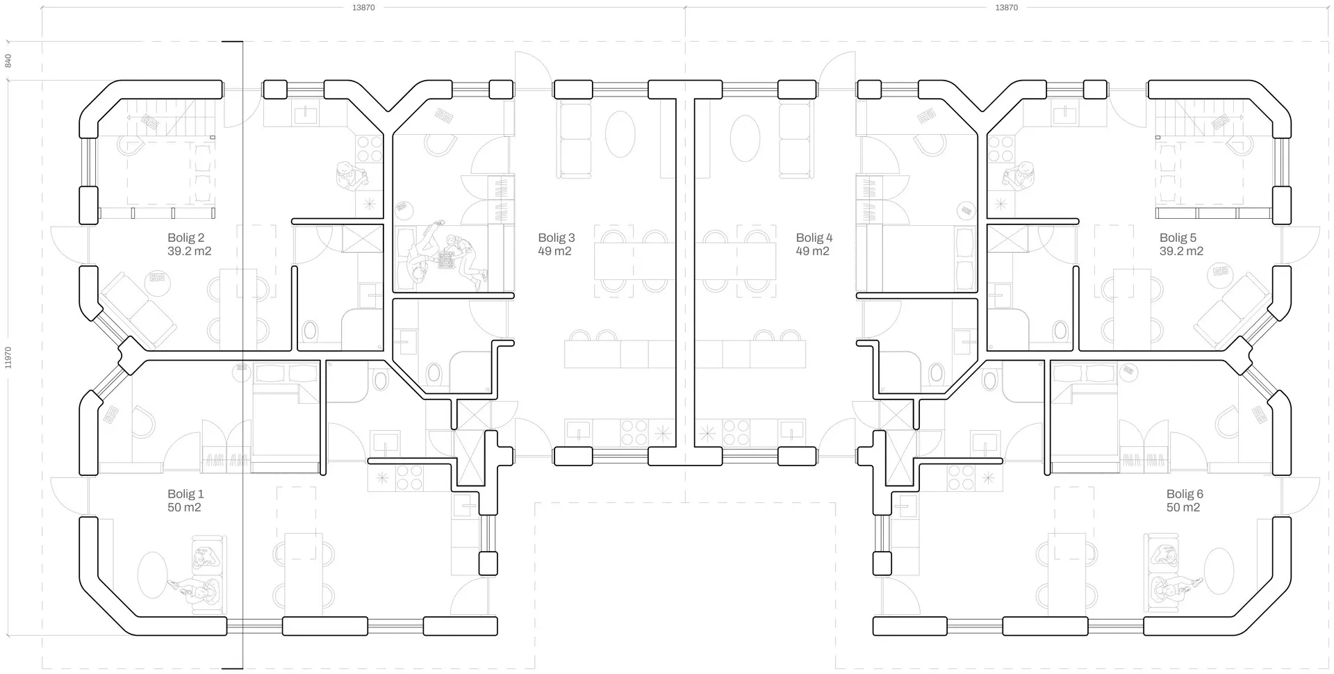 Floor plan showing a cluster of six apartments
