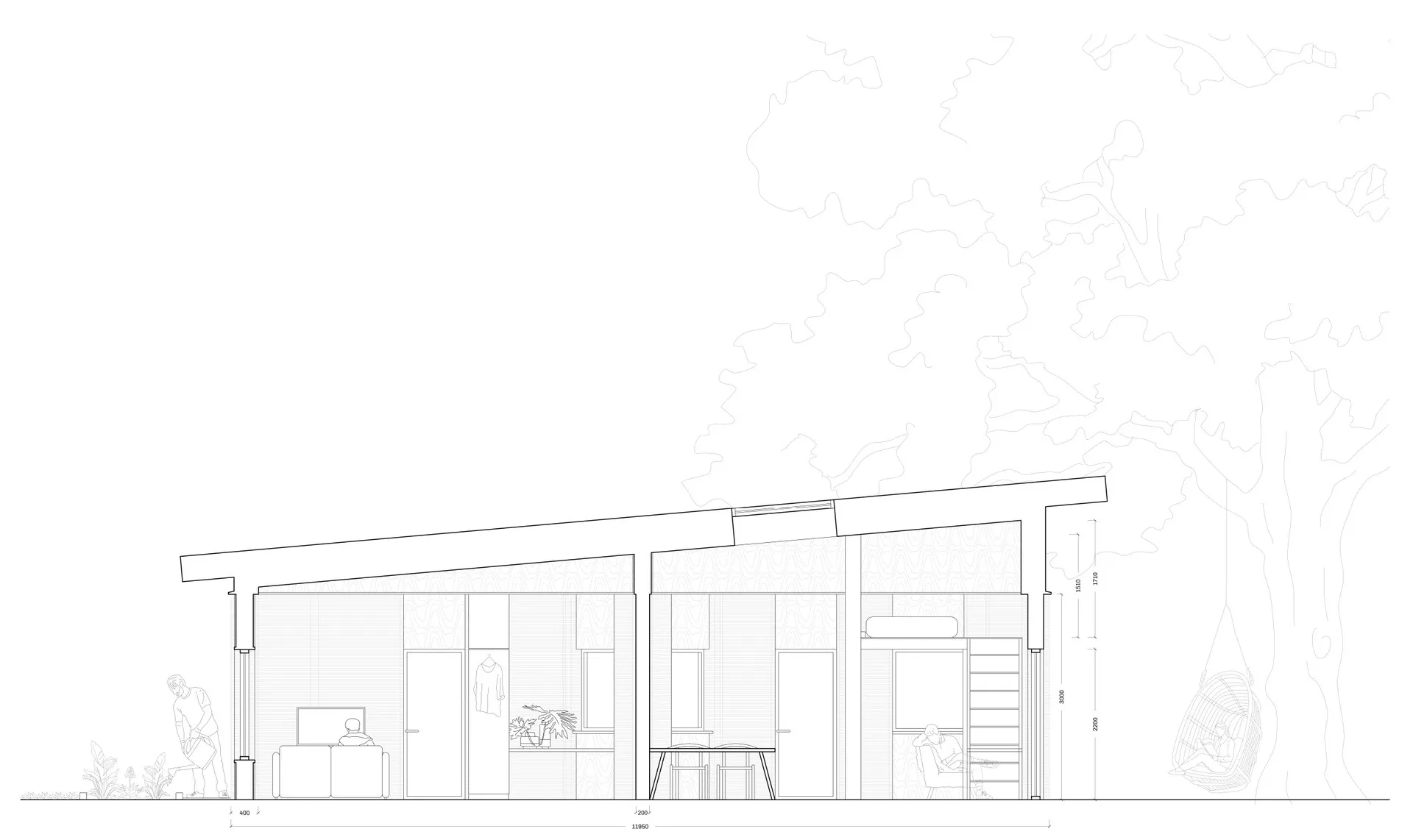 Architectural section showing an apartment and loft
